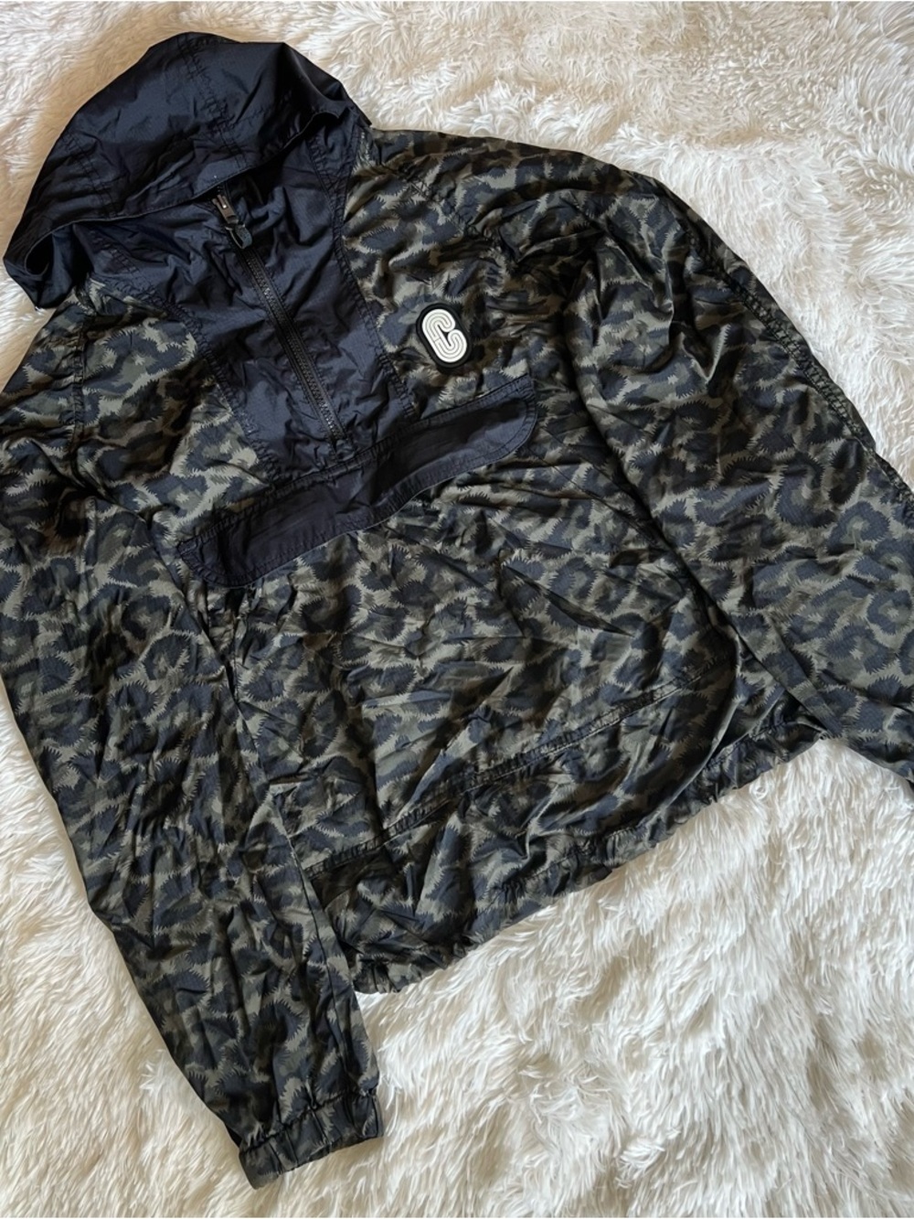 Coach Black Leopard Print Hooded Quarter Zip Anorak Jacket